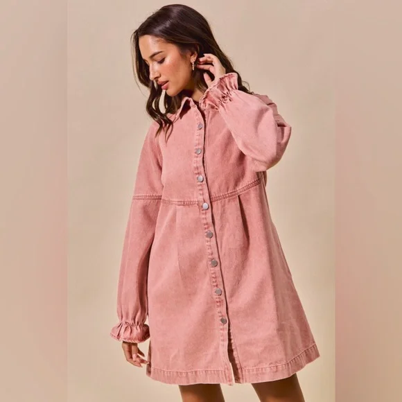 Pink mineral washed western boho denim ruffles sleeve button midi dress - Picture 4 of 6